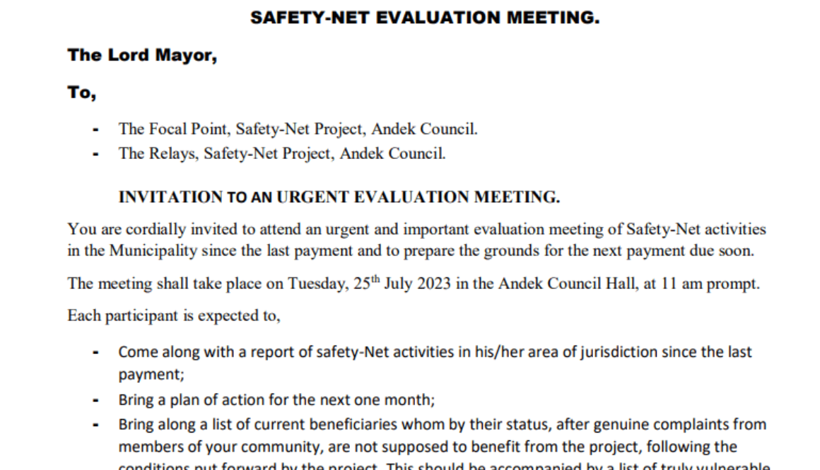 SAFETY NET EVALUATION MEETING 25TH JULY 2023